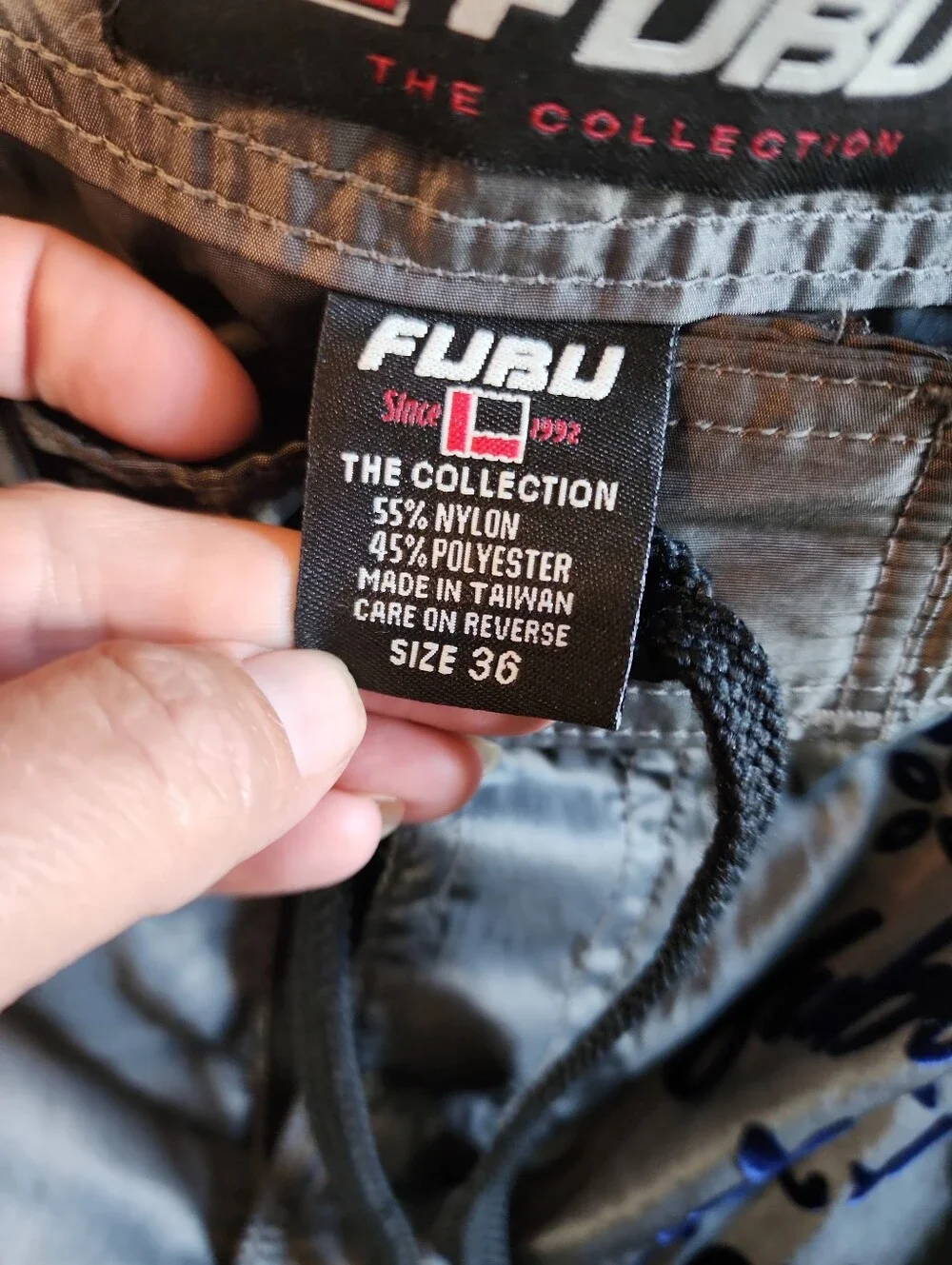 Y2k FUBU Gray Swim Board Shorts Navy Floral Print Velvet Velour Burnout Mens 36
